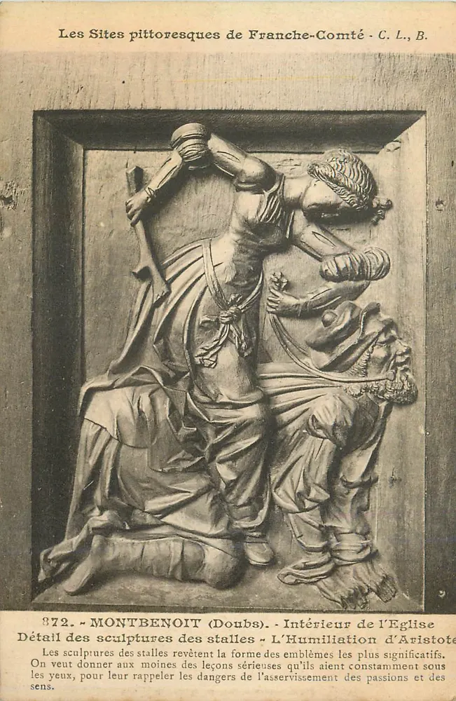 Montbenoît (Doubs) — Intérieur de l'Église — Détail des sculptures des stalles — L'Humiliation d'Aristote — C. L., B. - Recto