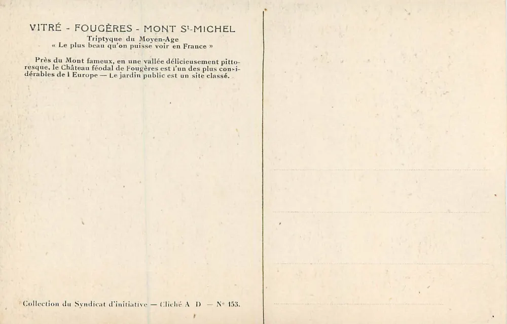 Castello di Fougères - La Cascata — Collezione del Syndicat d'initiative, scatto A D, n° 153 - Verso