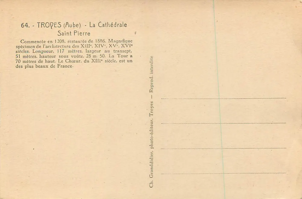 Troyes (Aube) - La Catedral de San Pedro — Ch. Granddider, Troyes, n°64 - Reverso