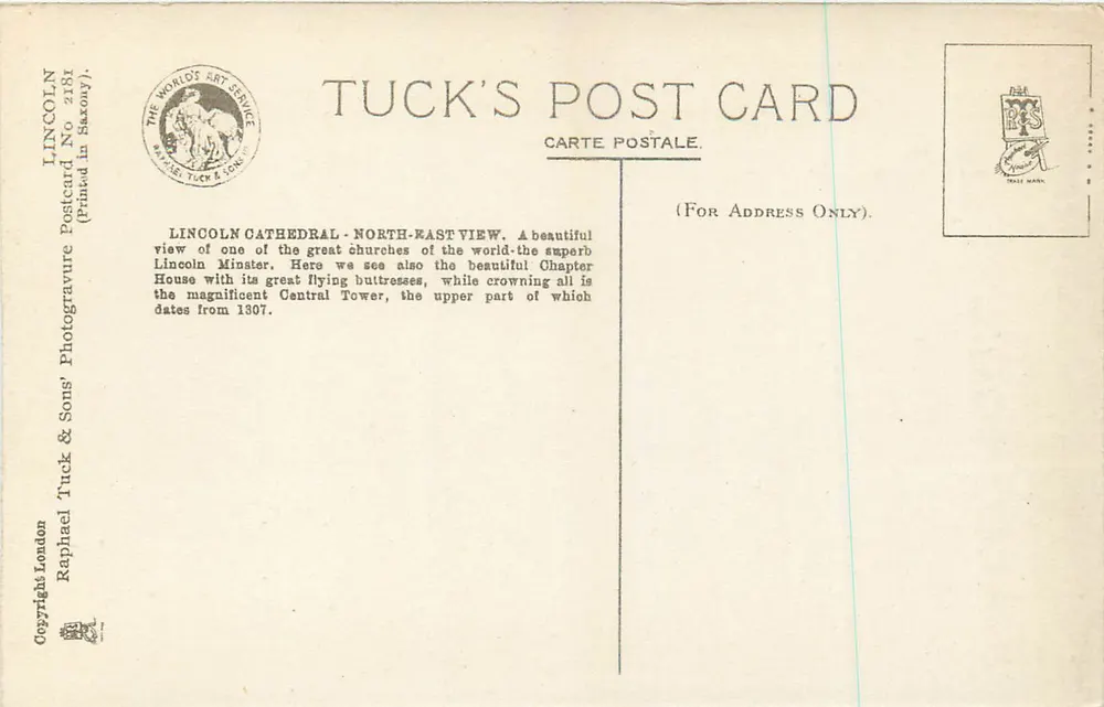 Lincoln Cathedral — Northeast View — Tuck's Post Card n°2181 - Back