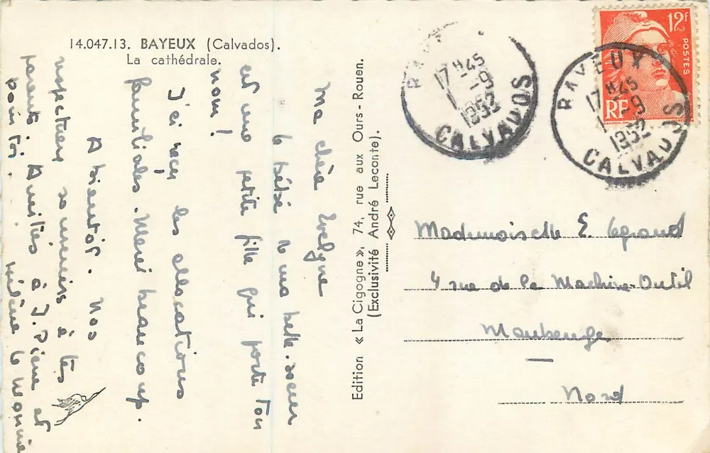 A Cegonha — Vista da catedral de Bayeux — Edição André Leconte - Verso