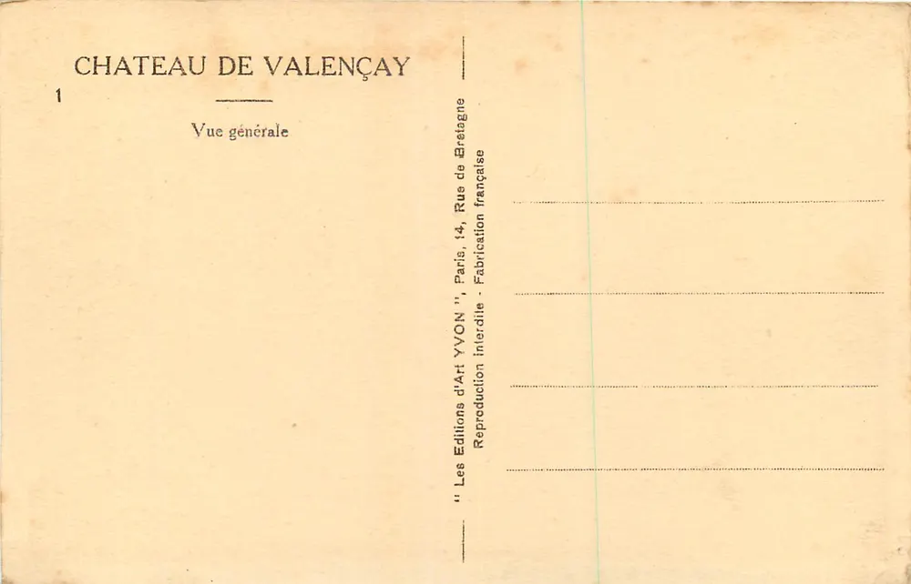 Castelo de Valençay — Vista geral — Les Éditions d'Art Yvon, Paris - Verso