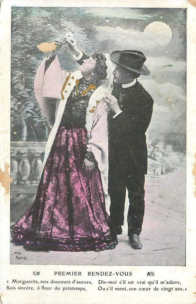 Premier rendez-vous — scène romantique sous la lune — éditeur ASC, Paris - Recto