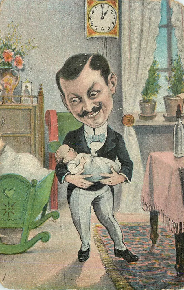 Père tenant son bébé — caricature d'un homme avec moustache dans un intérieur — éditeur 'Union postale universelle', série 4123 - Frente
