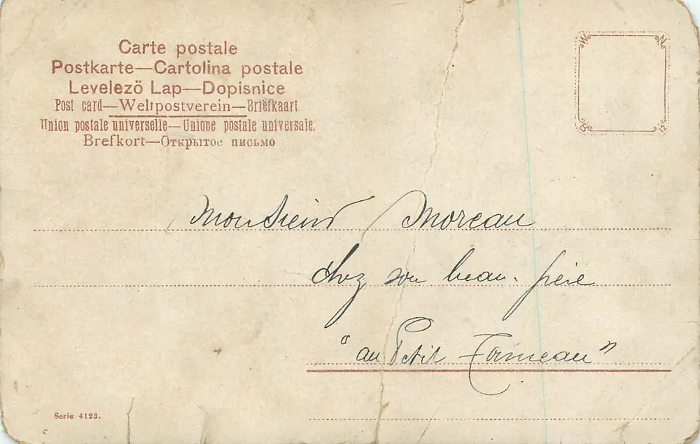 Père tenant son bébé — caricature d'un homme avec moustache dans un intérieur — éditeur 'Union postale universelle', série 4123 - Verso