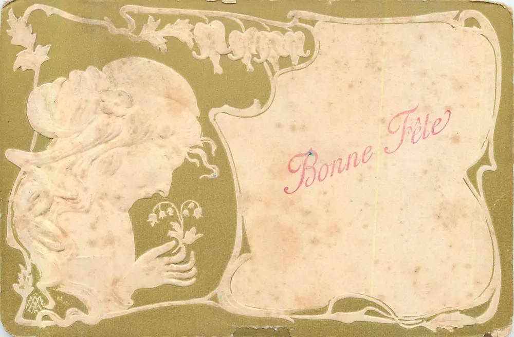 Mulher com flores — Boa Festa — Carta postal francesa - Frente
