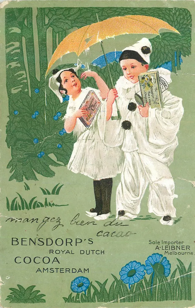 Deux enfants sous un parapluie — scène de forêt — éditeur A'LEIBNER, Melbourne - Frente