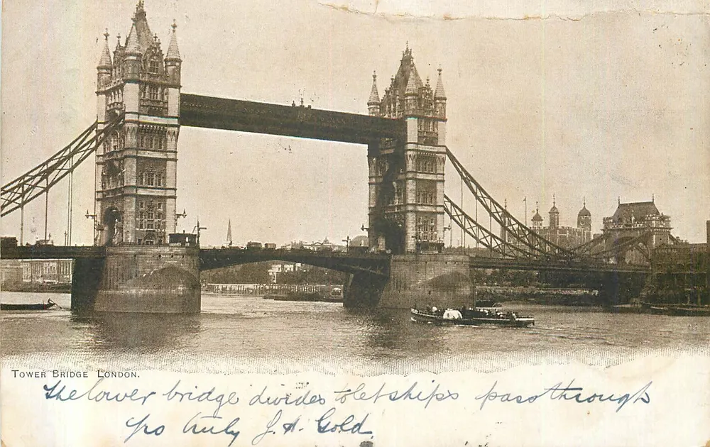 Tower Bridge — vue du pont et du fleuve — éditeur J. A. Cold - Frente