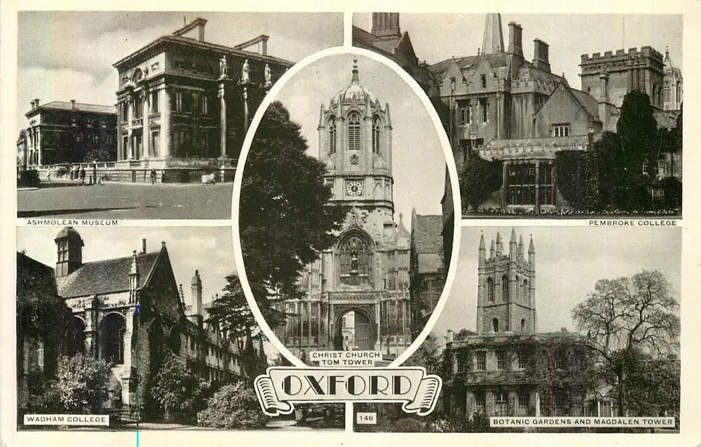 Oxford — Museu Ashmolean, Torre de Christ Church, Colégio Pembroke, Colégio Wadham, Jardins Botânicos e Torre Magdalen — série 146 - Frente