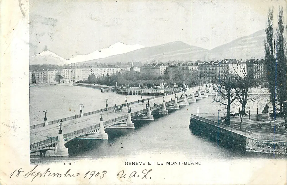 Genebra e o Mont-Blanc — vista do ponte sobre o lago — editor E.H.I. n°1 - Frente
