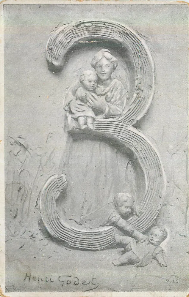 Mulher e crianças em um cenário de letras — Henri Godet — M.J.S. - Frente