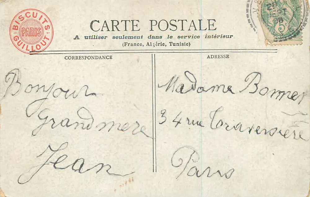 Mulher e crianças em um cenário de letras — Henri Godet — M.J.S. - Verso