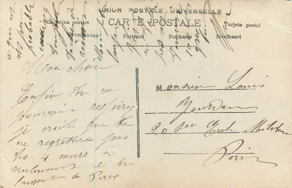 Femme en robe rose tenant un bouquet — texte imprimé et timbre 5c — éditeur E.N. n°233 - Verso