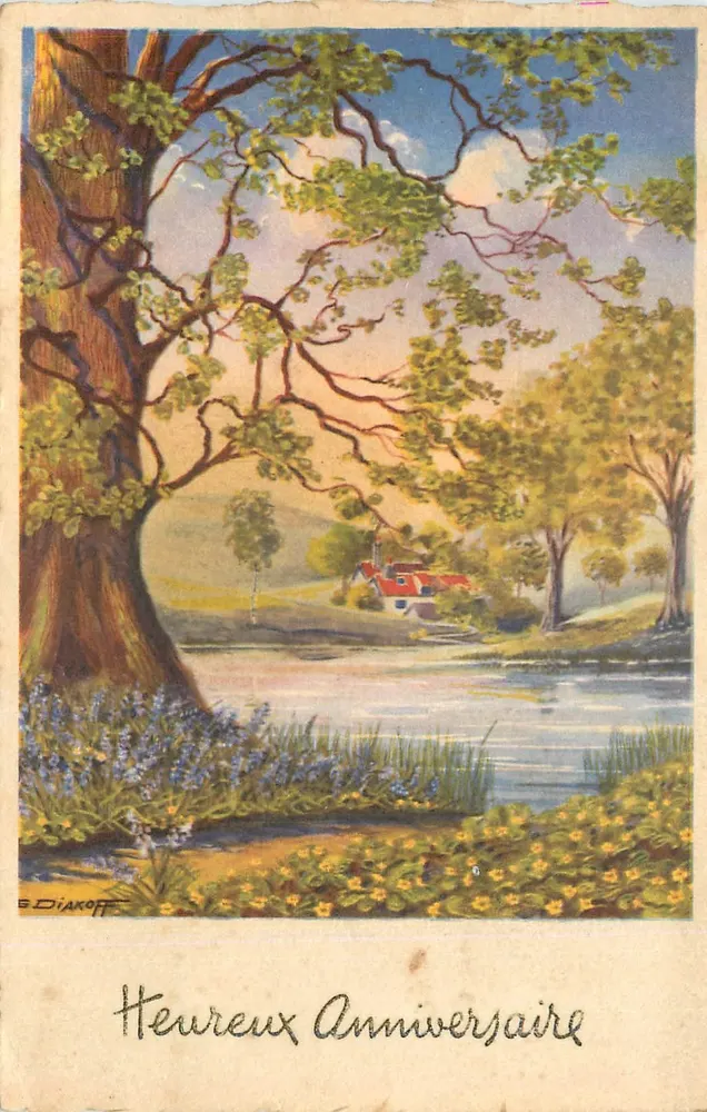 Paisagem com árvore e flores — Feliz Aniversário — S. Diakoff - Frente