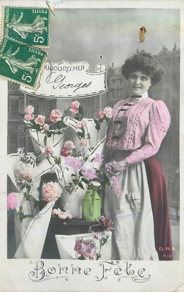 Femme avec bouquets de fleurs — scène de fleuriste — éditeur G.B.A. n°412 - Frente