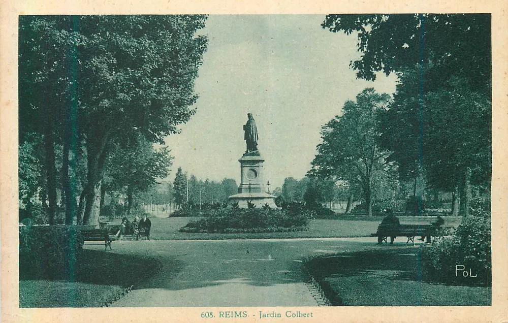 Reims - Jardim Colbert — estátua central, bancos, árvores — editor PoL, n° 608 - Frente