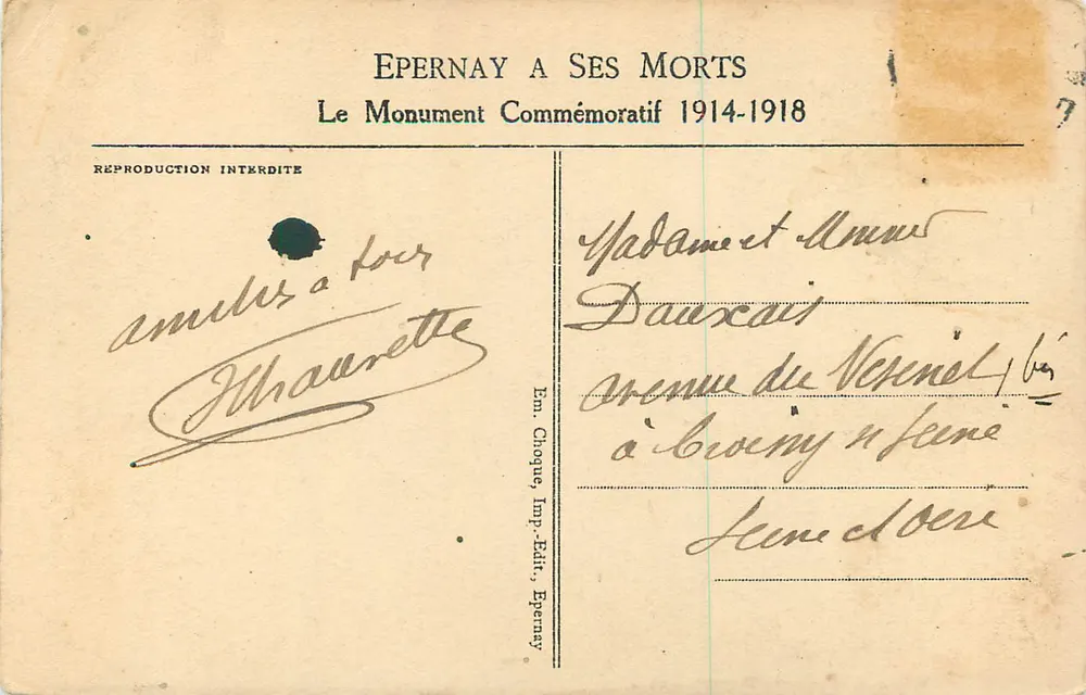 Monument commémoratif à Epernay — Epernay à ses morts 1914-1918 — H. Giraud architecte à Épernay, J. Déchin sculpteur à Paris - Verso