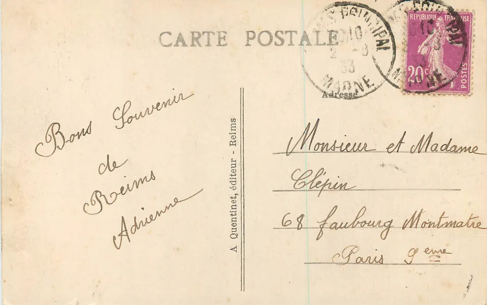 Reims — La Cathédrale — Vue prise en 1920 — éditeur Quentinnet, n°51 - Verso