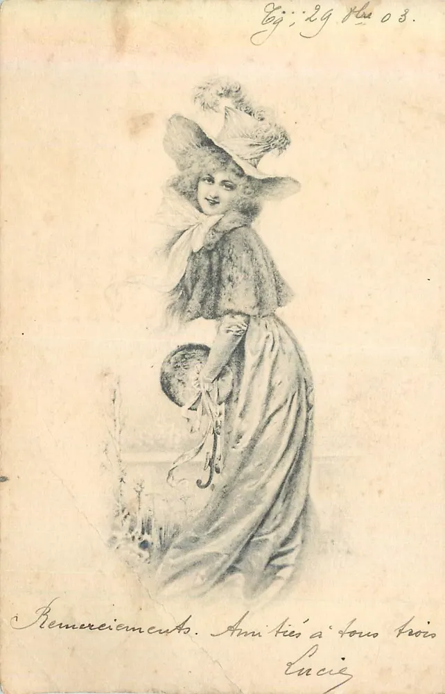 Jovem mulher com chapéu de penas — ilustração — União Postal Universal, n° 846 - Frente