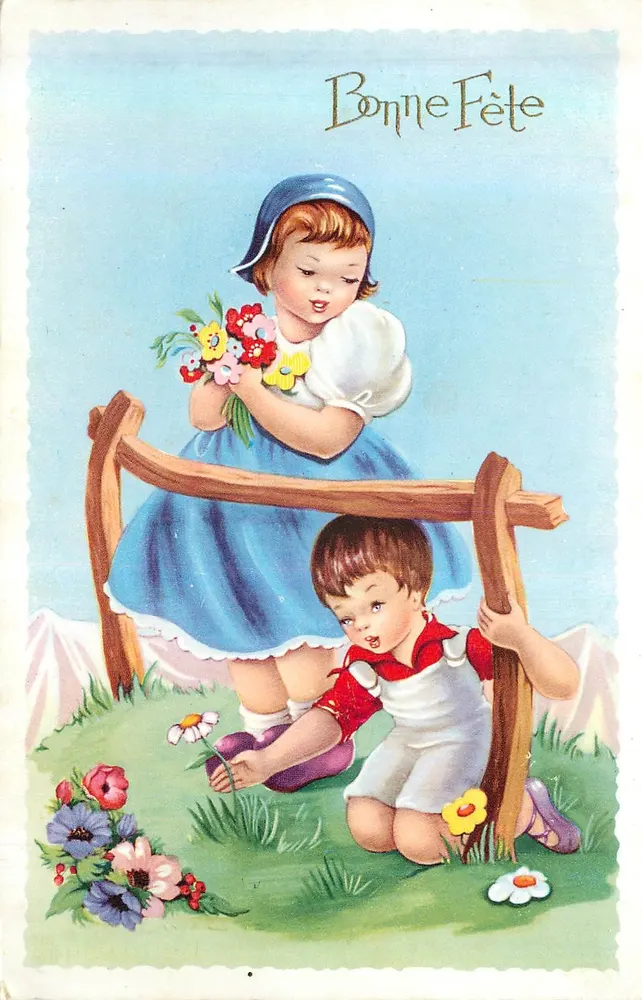 Crianças brincando com flores — Boa Festa — M.D. Série N°1980 - Frente