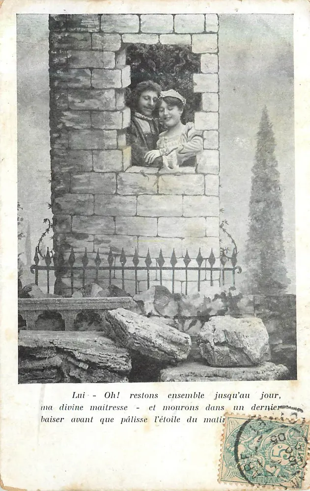 Deux amants dans un cadre de ruines — texte amoureux — éditeur inconnu - Recto