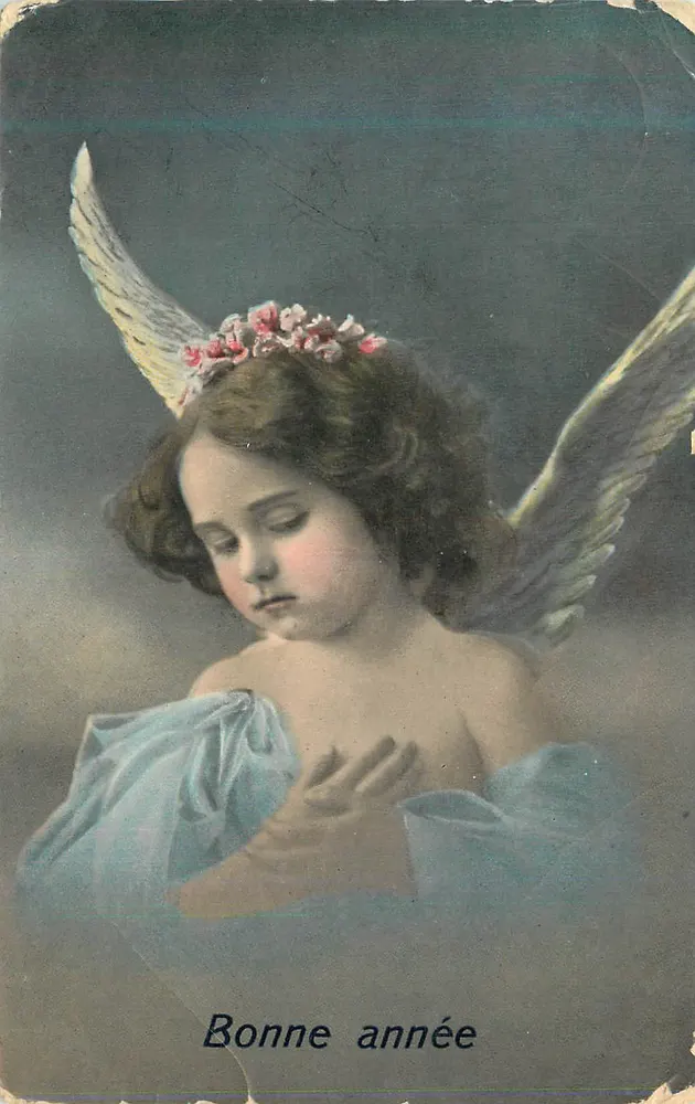 Ange aux ailes déployées — enfant portant couronne de fleurs, éditeur non visible - Frente