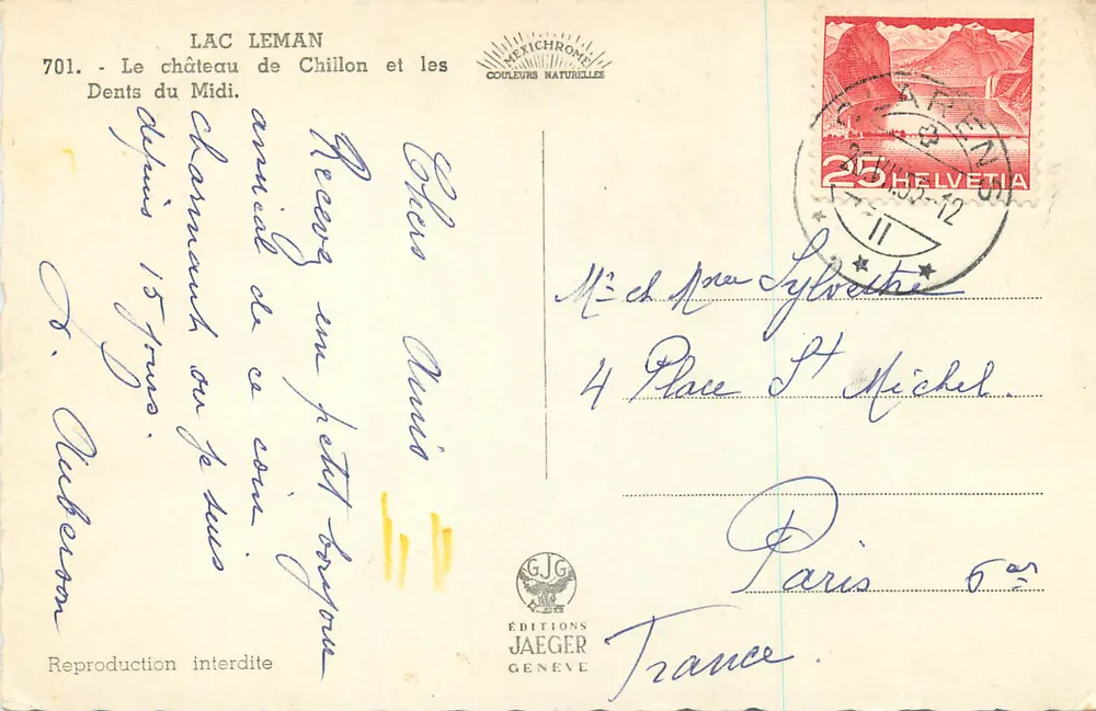 Château de Chillon — Lac Léman et les Dents du Midi — Éditions Jaeger, n° 701 - Verso