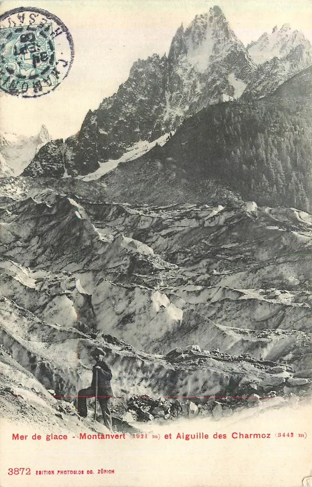 Mer de glace — Montanvert (1921 m) und Aiguille des Charmoz (3442 m) — Photoglos Co. Zürich Nr. 3872 - Vorderseite