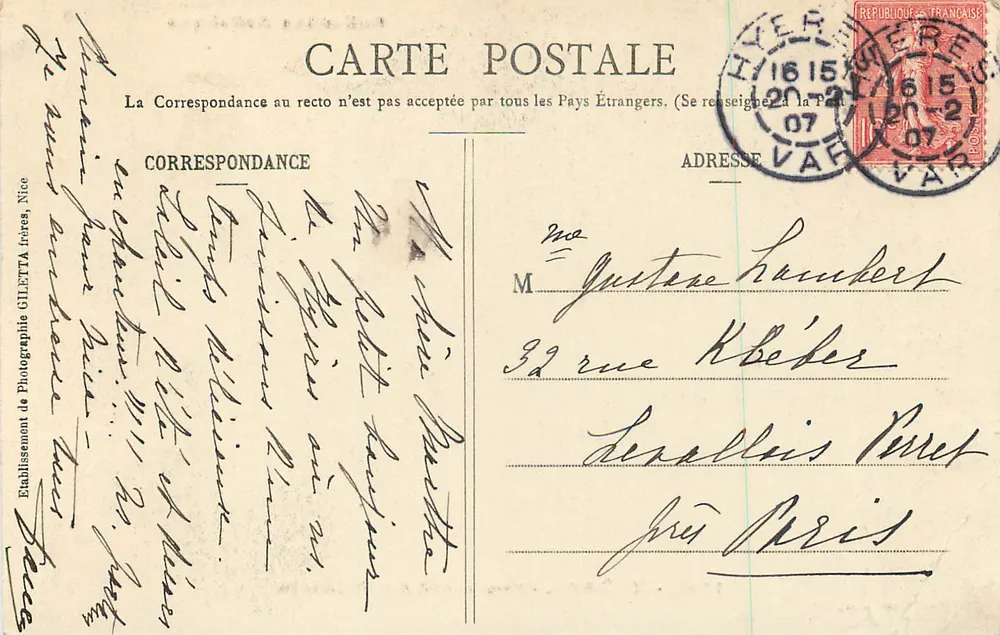Hyères — Avenida dos Palmeiras — Edição Giletta, fot., Nice, n° 1701 - Verso