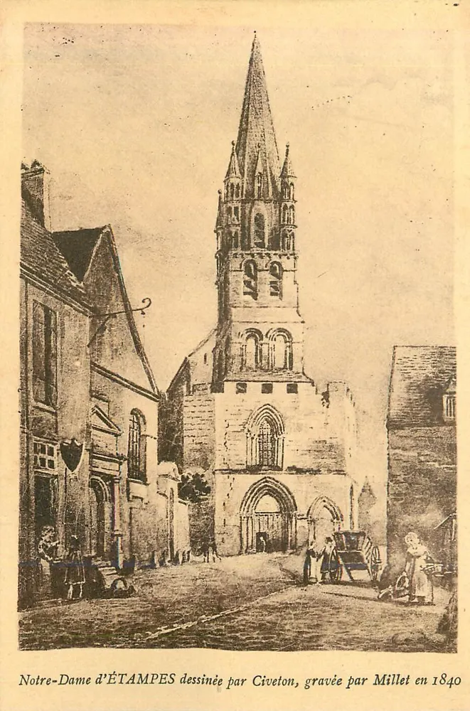 Notre-Dame d'Étampes — gezeichnet von Civeton, gestochen von Millet 1840 — Künstlerkollektion E. Rameau, Étampes - Vorderseite