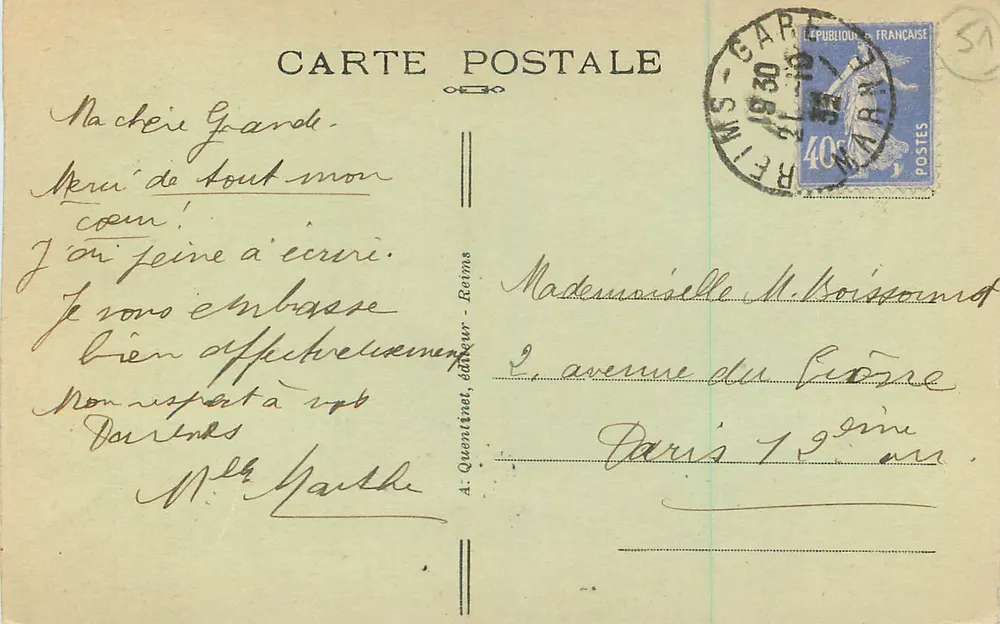 Reims — Estátua de Joana d'Arc — A. Quentin, editor, n° 123 - Verso