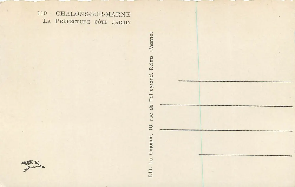 Chalons-sur-Marne — A Prefeitura, lado jardim — Edit. La Cigogne, 10, rue de Talleyrand, Reims - Verso
