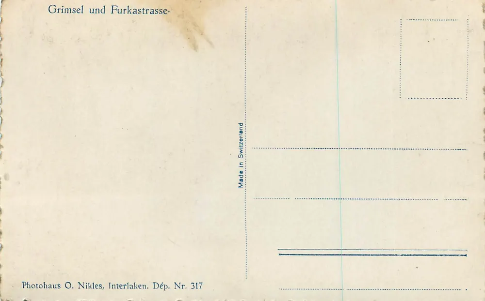 Grimsel und Furkastrasse — vista do glaciar e das montanhas nevadas — Photohaus O. Nikles, Interlaken, n° 317 - Verso