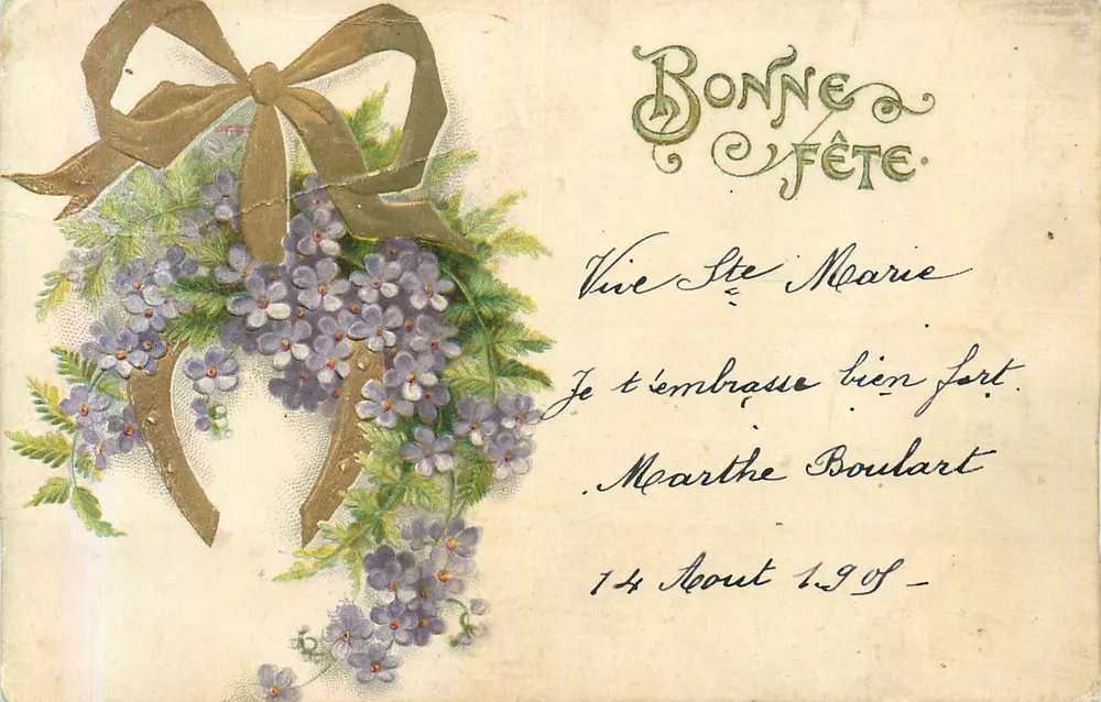 Arranjo de flores violetas — Boa Festa — Viva Santa Maria — Marthe Boulart — 14 de Agosto de 1905 - Frente