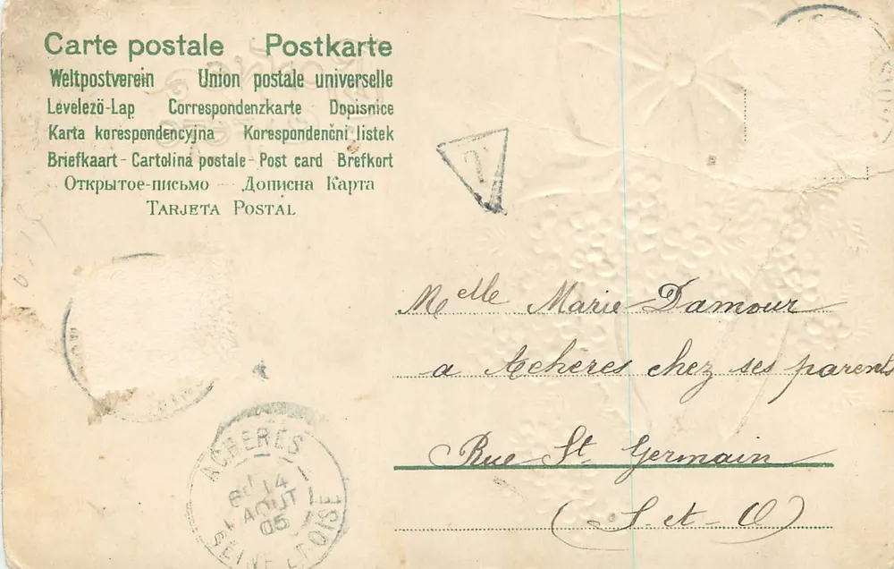 Arranjo de flores violetas — Boa Festa — Viva Santa Maria — Marthe Boulart — 14 de Agosto de 1905 - Verso