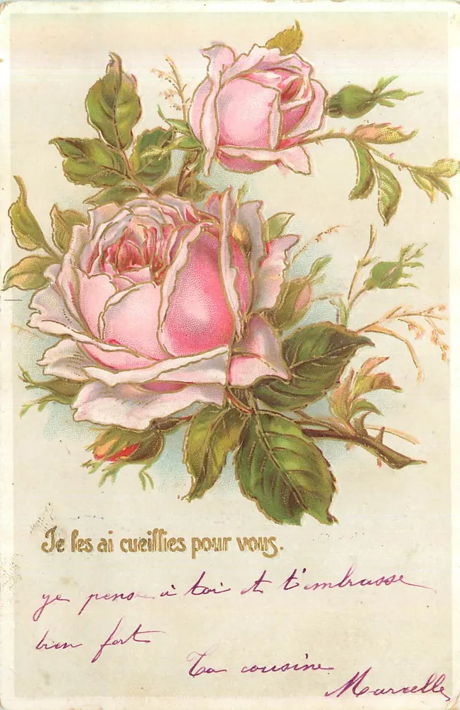 장미 — 인쇄된 텍스트와 손글씨가 있는 우표 — 발행사 'Union postale universelle' 및 시리얼 번호가 보이지 않음 - 앞면