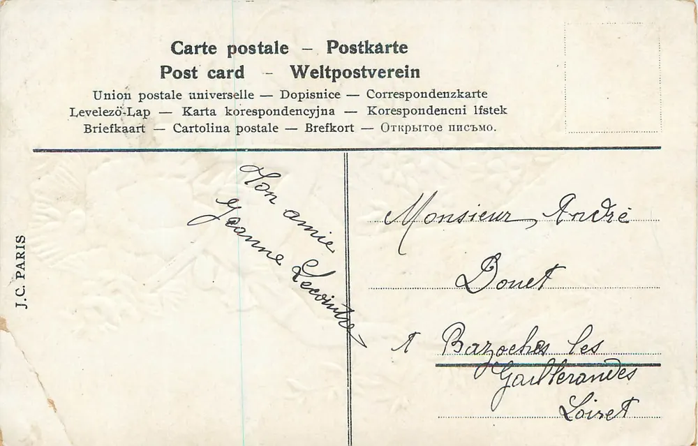 Kobieta w kwiecistej sukni z ptakiem — 365 dni Szczęścia — J.C. PARIS - Rewers