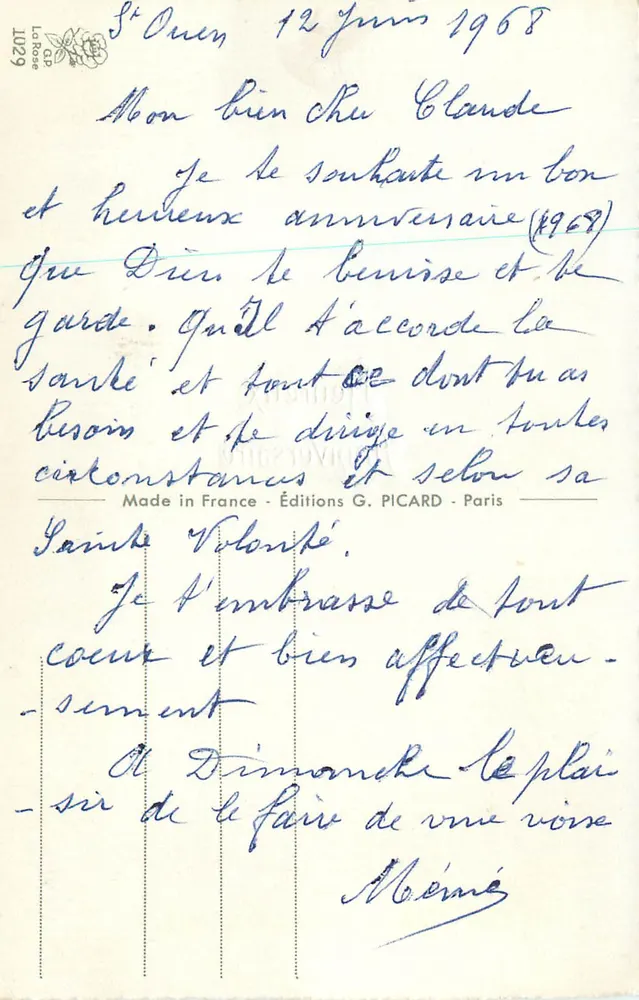 Flores — Aniversário — Éditions G. PICARD, n°1029 - Verso