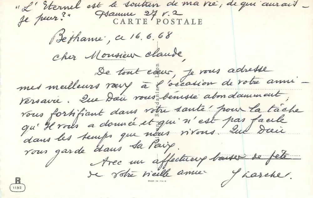 Mata de rosas — Aniversário — Carta postal italiana n°1132 - Verso