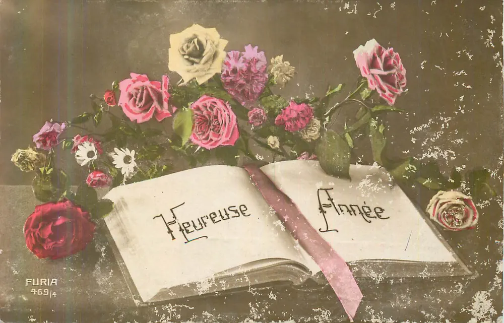 Bouquet de roses et de fleurs — sur un livre ouvert portant l'inscription 'Heureuse Année' — éditeur FURIA, n° 469/4 - Frente