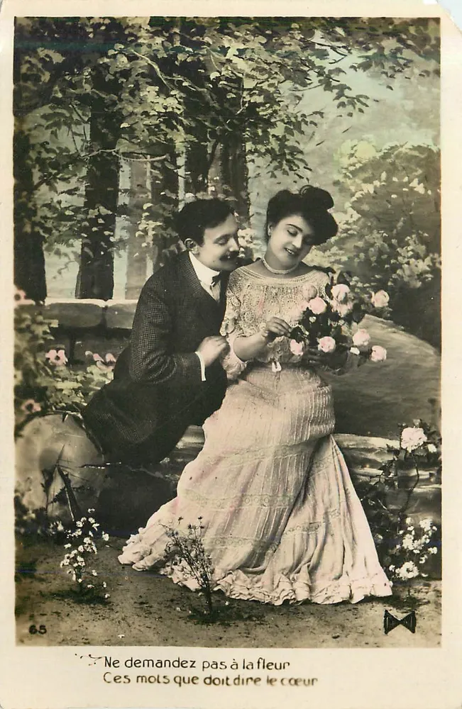 Couple amoureux — scène de jardin — éditeur inconnu, n° 65 - Recto