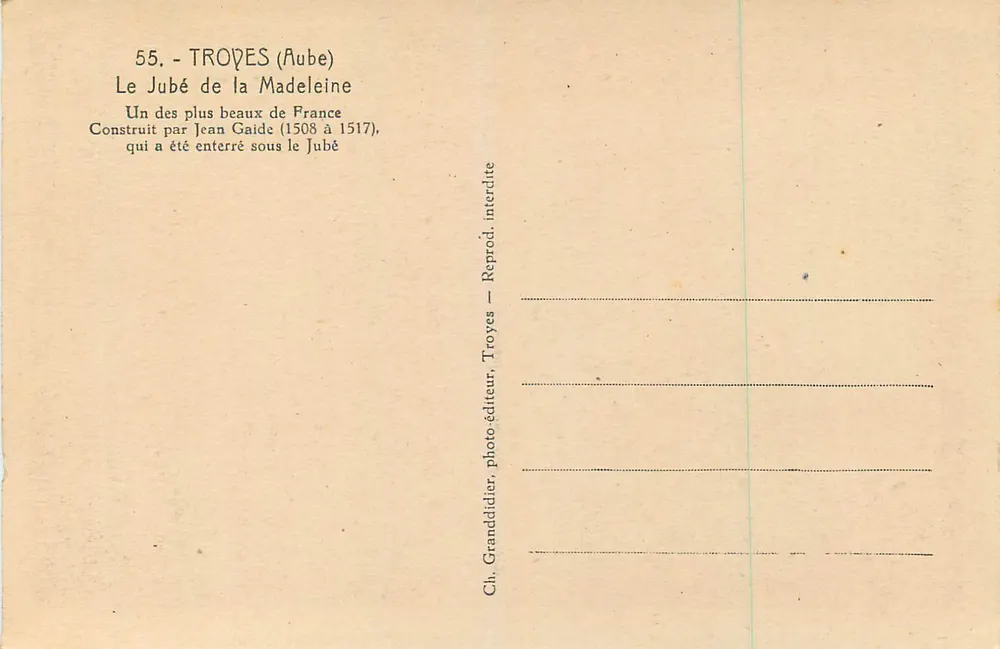 Troyes (Aube) — Le Jubé de la Madeleine — Granddidier, Troyes - Verso
