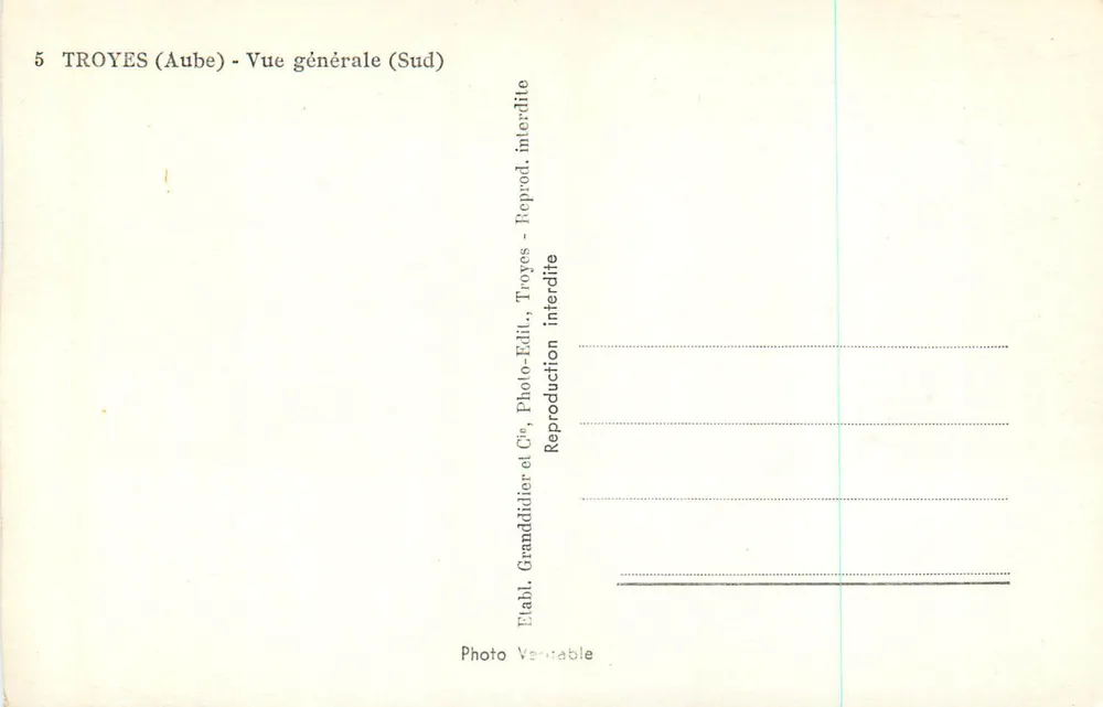Troyes (Aube) — Vista geral (Sul) — Editor Granddidier & Cie, Troyes - Verso