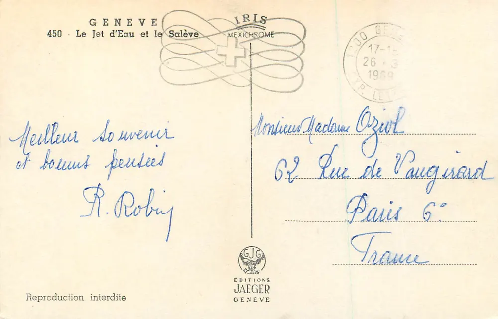 Genève — Le Jet d'Eau et le Salève — Éditions Jaeger n°450 - Verso