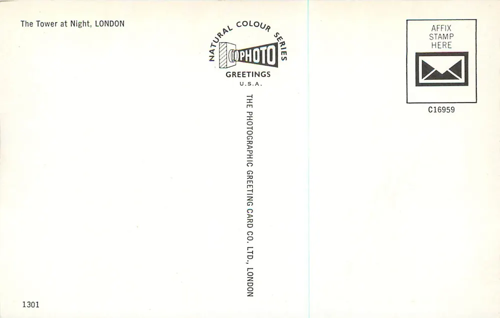 A Torre de Londres à noite — série Natural Colour — editor The Photographic Greeting Card Co. Ltd., Londres - Verso