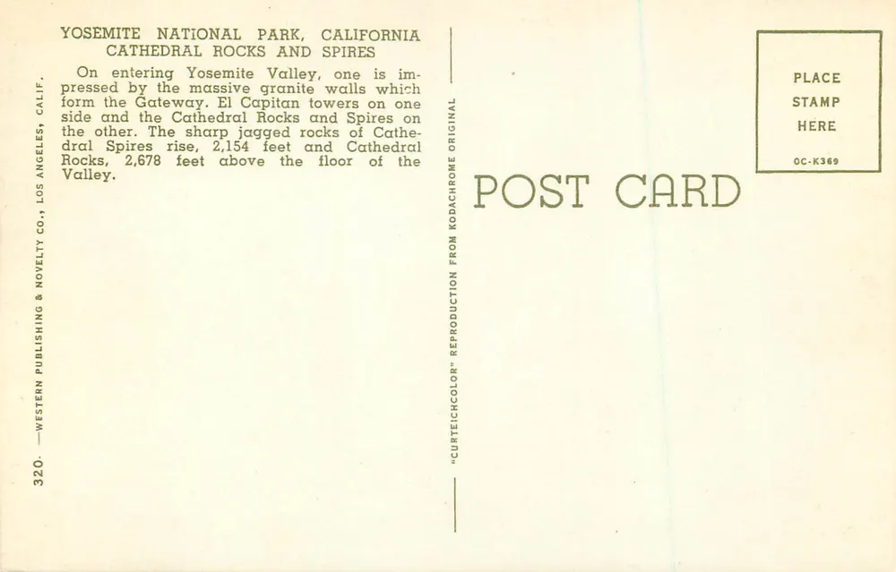 Yosemite National Park, Kalifornien — Kathedralenfelsen und Spires — Western Publishing & Novelty Co., Los Angeles, Kalifornien, n° 320 - Rückseite