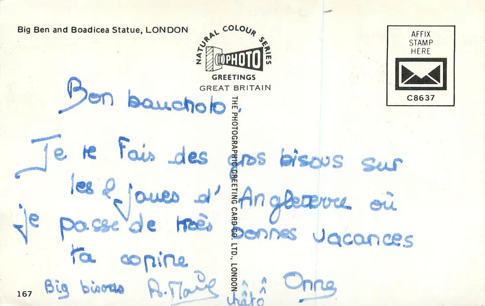 Big Ben i statua Boudicei — seria Natural Colour, wydawca The Photographic Greeting Card Co. Ltd., Londyn, nr 167 - Rewers