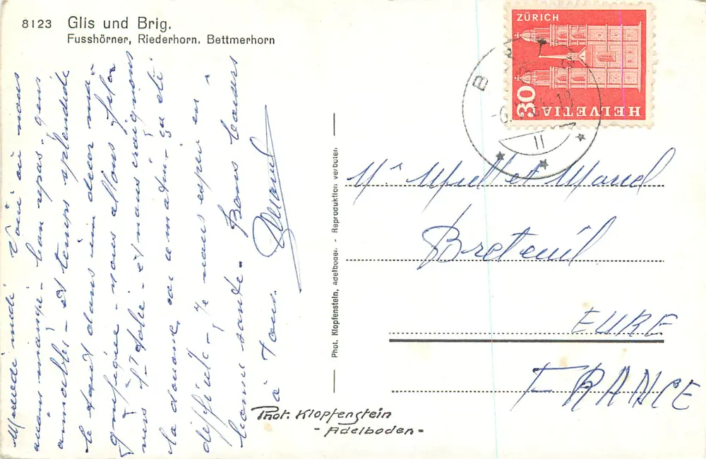 Glis und Brig. — Fusshörner, Riederhorn, Bettmerhorn — Fotografie von Klopfenstein, Adelboden - Rückseite