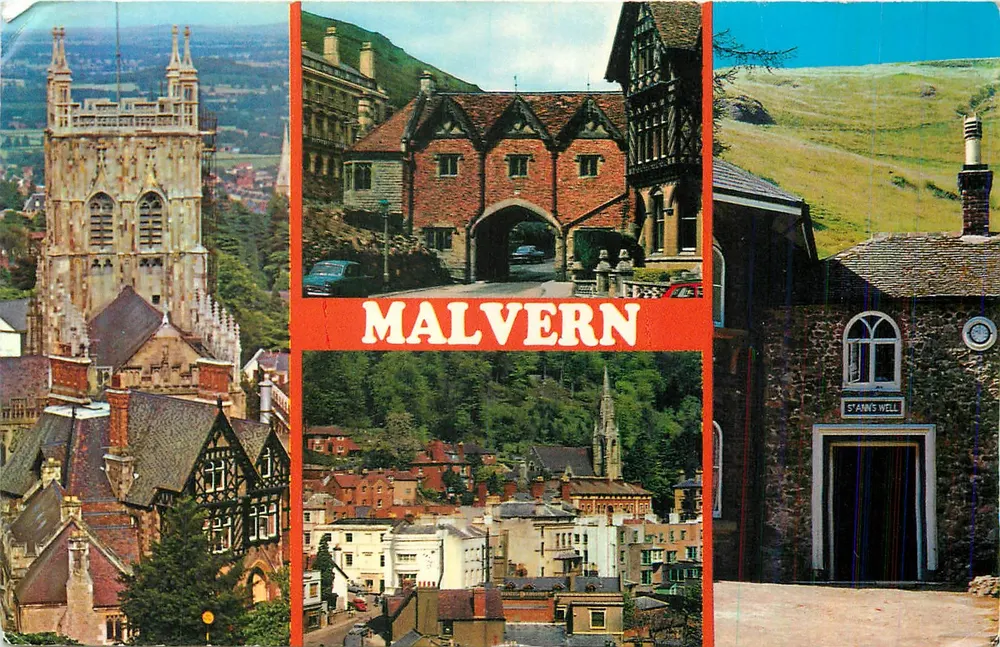 Malvern — algemene uitzicht met abdij, abdijpoort en St Ann's Well — uitgever Colourmaster International - Voorkant