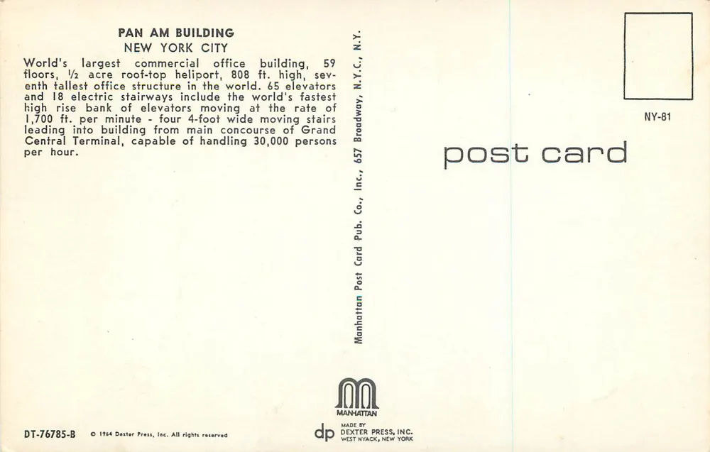 Pan Am Building — New York City — DEXTER PRESS, INC. NY-81 - Verso